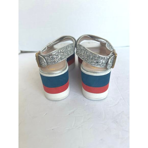 Auth Gucci Cross Sparkly Straps Red White Blue Platform Slingback Sandals Sz 4.5 - Picture 9 of 14